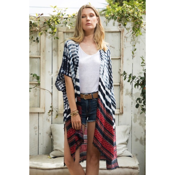 SOLD OUT Indigo Tie Dye Jacquard Ethnic Boho Bohemian Motif Open Kimono Wrap - Picture 3 of 7